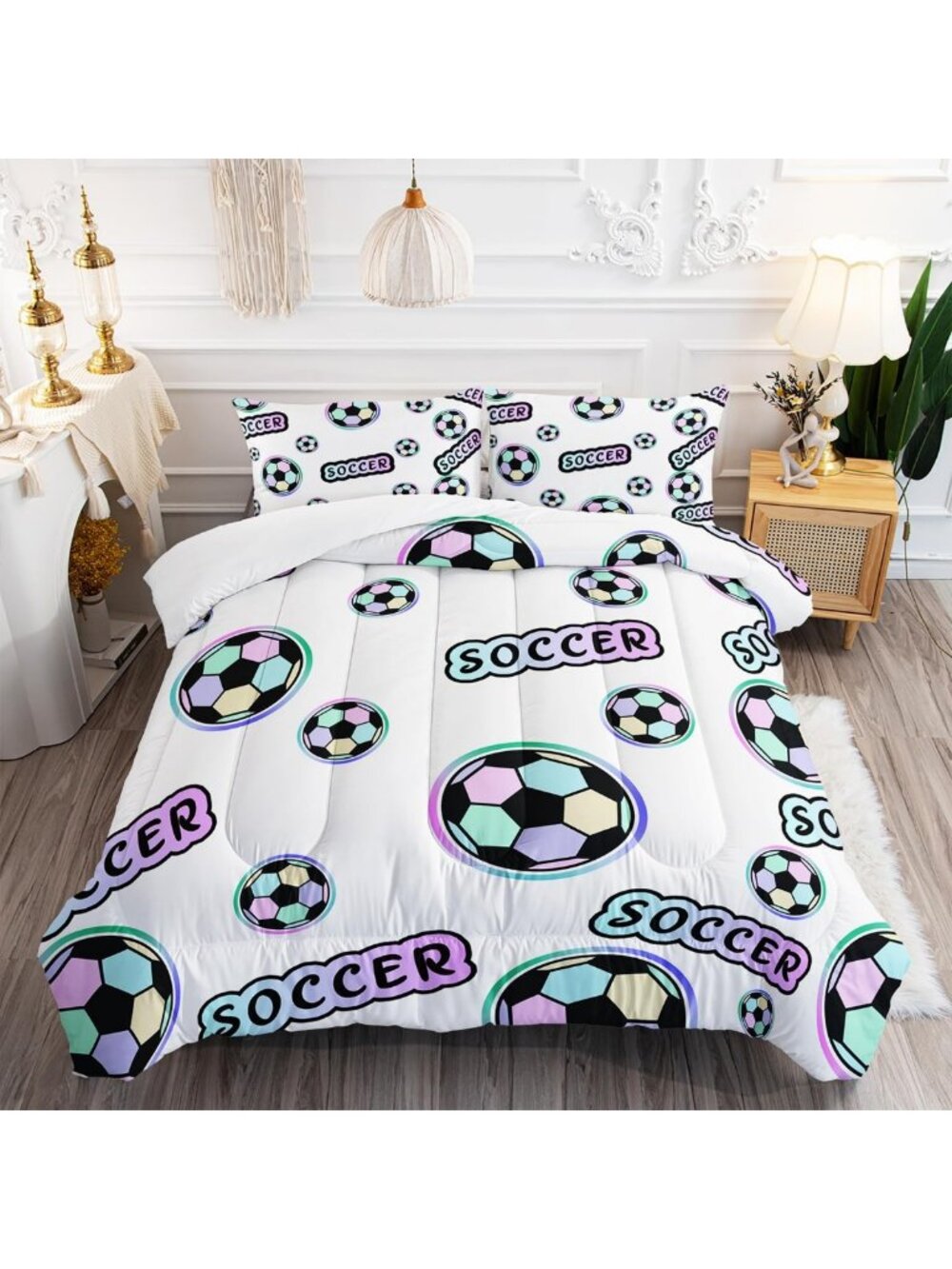 Soccer Print Comforter Set - 3PC Twin Bedding for Kids & Teens, Sports Room